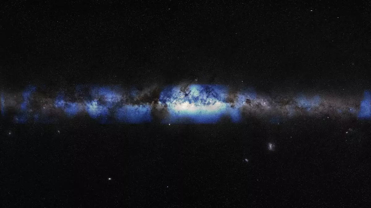 An artist’s composition of the Milky Way seen with a neutrino lens (blue). 