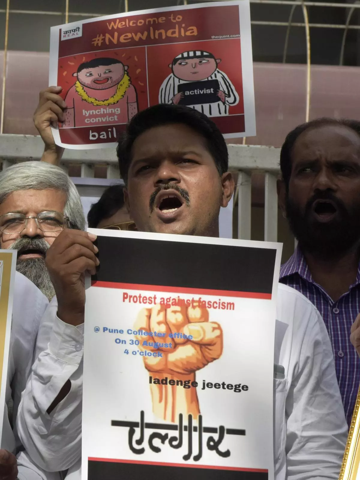 People shout slogans during the “Elgar against Fascism” protest near the Pune Collector’s office in August 2018. They were agitating against the arrest of five activists from different States.