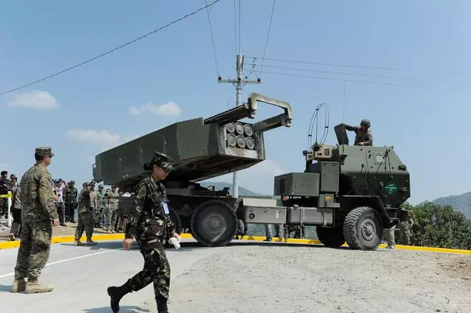 A US-made HIMARS (High Mobility Advanced Rocket System) on static display during live fire exercises on April 14, 2016, in Crow Valley, Tarlac province, Philippines. The HIMARS guided missile system, the M777 long-range howitzer, the HARM anti-radar missiles, and the Harpoon anti-ship missiles provided by the West have given the Ukrainian forces the capacity to target the Russian military many kilometres beyond their front lines. 