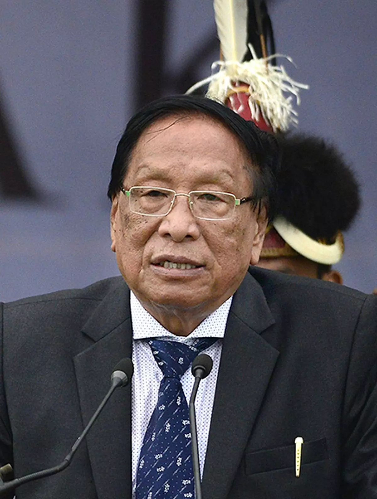 The Chief Political Negotiator and NSCN(I-M) general secretary, Thuingaleng Muivah delivers his speech during a massive civic reception as the body of the former NSCN(I-M) Chairman Isak Chisi Swu brought back to Dimapur from Delhi on 30 June 2016. 