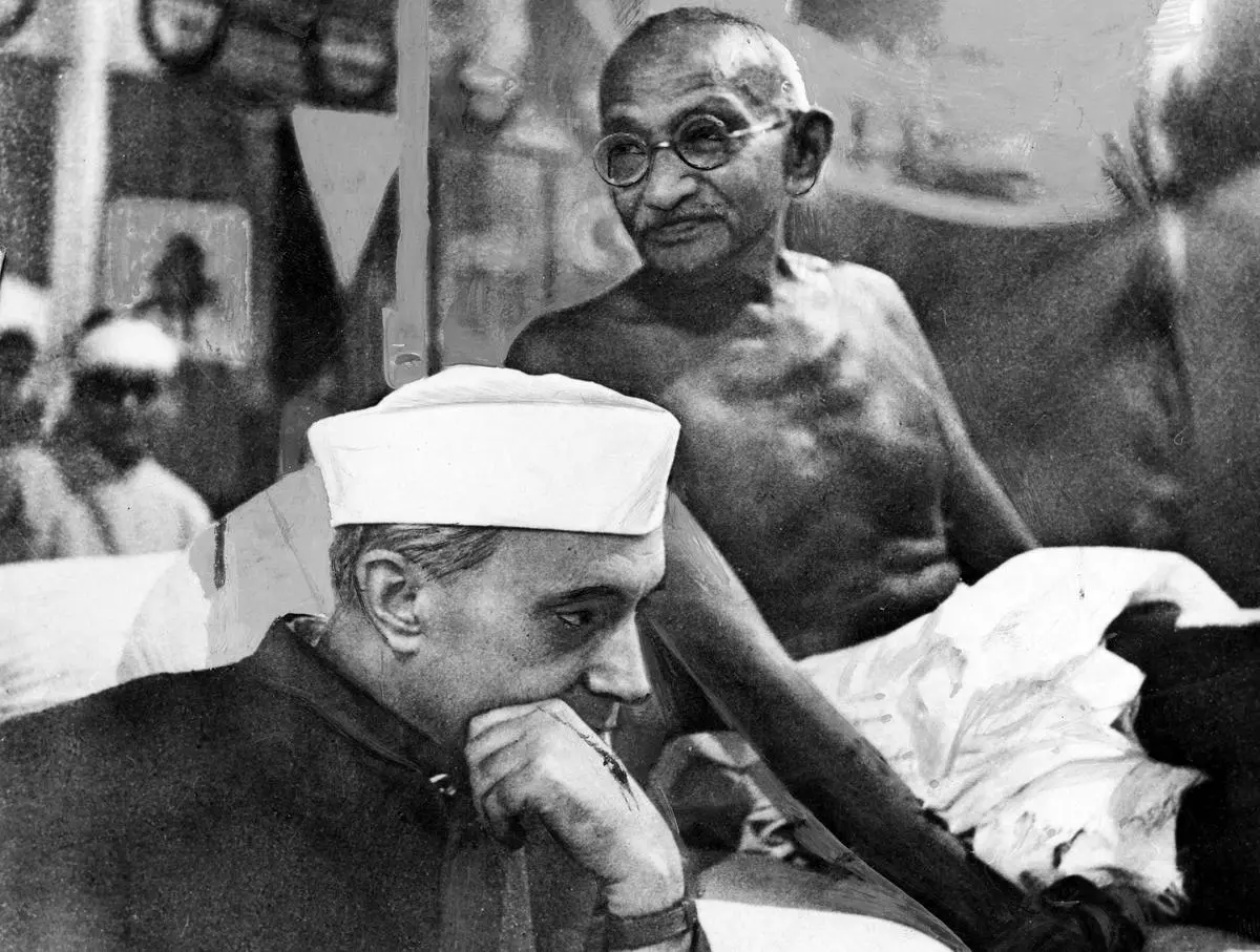 Mahatma Gandhi with Jawaharlal Nehru. Gandhi and Nehru’s “frontal attack” on the communal forces showed they treated the idea of a non-sectarian state “as the top-most priority to save the Idea of India”.