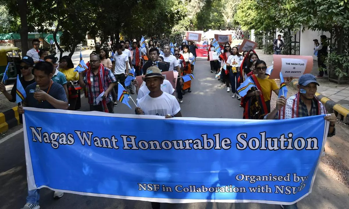 The Naga Students’ Federation (NST) in collaboration with the NAGA Students’ Union of Delhi, staging a protest march from Mandi House to Parliament Street in New Delhi on September 25, 2019, demanding a solution to the issue of Naga peace talks, and a decision on the framework agreement.