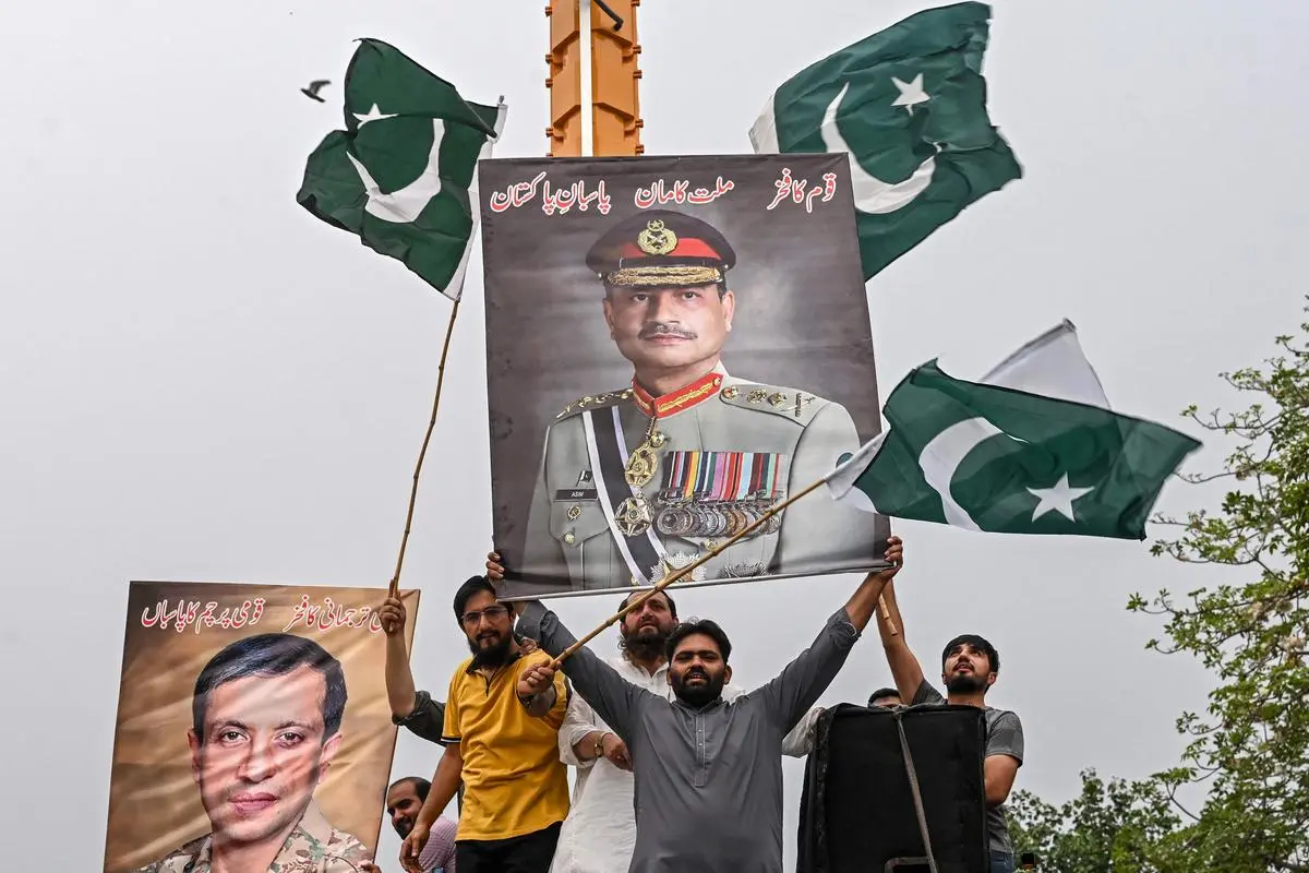 Demonstrators carrying posters with portraits of Pakistan’s Chief of Army Staff General Syed Asim Munir shout slogans as they participate in an anti-India protest in Lahore on May 11, 2025. Siddiqa believed that Munir is the hero today in Pakistan, and the military has recovered its image. Demonstrators carrying posters with portraits of Pakistan’s Chief of Army Staff General Syed Asim Munir shout slogans as they participate in an anti-India protest in Lahore on May 11, 2025. Siddiqa believed that Munir is the hero today in Pakistan, and the military has recovered its image.