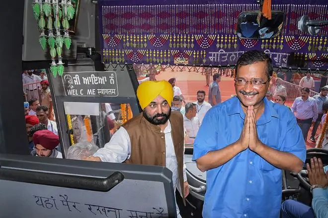 Delhi Chief Minister Arvind Kejriwal and Punjab Chief Minister Bhagwant Singh Mann flag off a Volvo bus service from Jalandhar to Delhi’s Indira Gandhi International Airport, in Jalandhar in June 2022. Delhi Chief Minister Arvind Kejriwal and Punjab Chief Minister Bhagwant Singh Mann flag off a Volvo bus service from Jalandhar to Delhi’s Indira Gandhi International Airport, in Jalandhar in June 2022.