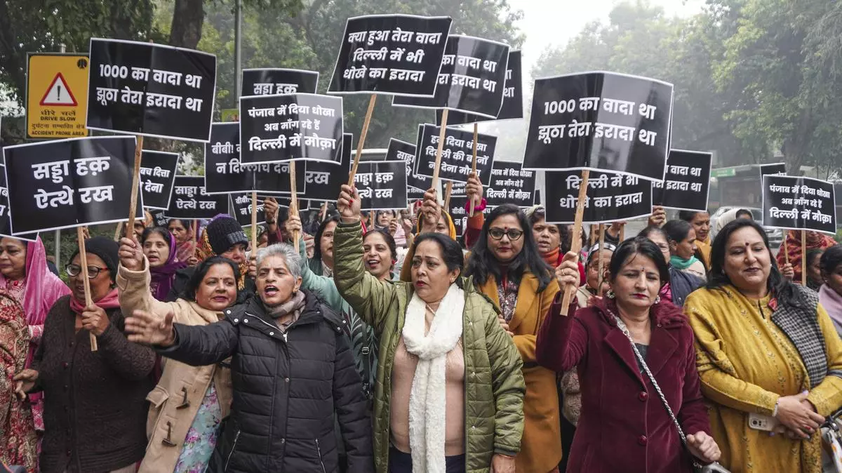 Women from Punjab stage a protest outside Kejriwal’s residence in New Delhi on January 4, complaining that the AAP government in Punjab has failed to fulfil the promise of a monthly stipend for women. 