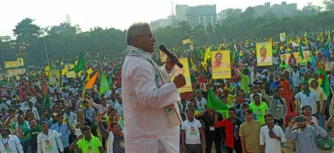 Salkhan Murmu, ASA president and former MP, addressing a rally in Patna on November 25, 2022. Salkhan Murmu, ASA president and former MP, addressing a rally in Patna on November 25, 2022.