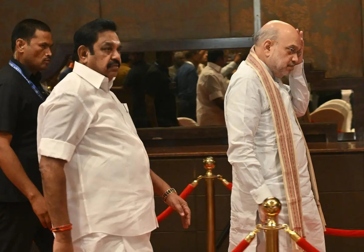 Amit Shah and AIADMK general secretary Edappadi K. Palaniswami arriving for a press conference in Chennai on April 11. Amit Shah and AIADMK general secretary Edappadi K. Palaniswami arriving for a press conference in Chennai on April 11.