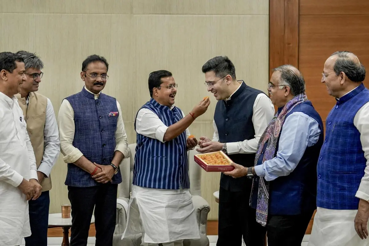 BJP National President Nitin Nabin with the former AAP leaders Raghav Chadha, Sandeep Pathak, and Ashok Mittal at the BJP’s headquarters in New Delhi on April 24, 2026.