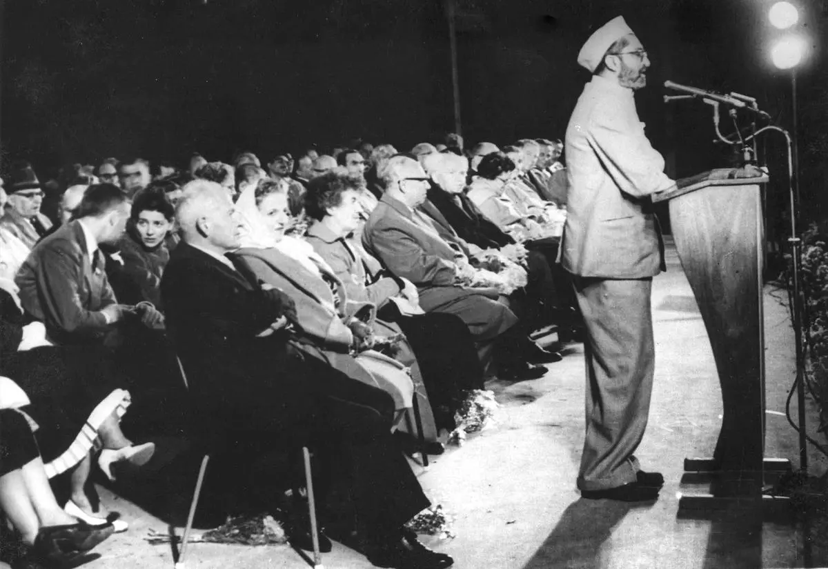 Mr. Asoka Mehta delivers an address during the rally attended by delegates to the Socialist International, 1960 in the stadium in Haifa, Israel.