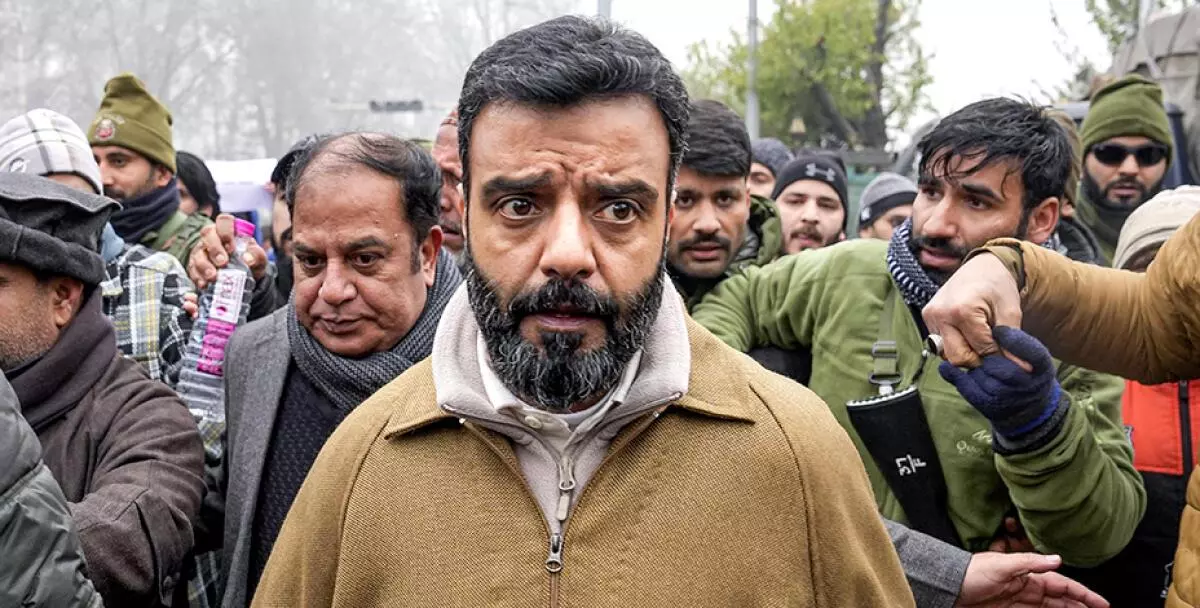 National Conference MP Aga Syed Ruhullah Mehdi leads a protest to support the demand for rationalisation of the reservation policy in the J&K, near Omar Abdullah’s residence in Srinagar on December 23, 2024.