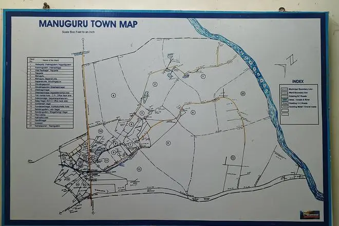 A map of Manuguru town. The push for urban local bodies in Fifth Schedule areas such as Manuguru undermines the right to local self-governance guaranteed by the Constitution. A map of Manuguru town. The push for urban local bodies in Fifth Schedule areas such as Manuguru undermines the right to local self-governance guaranteed by the Constitution.