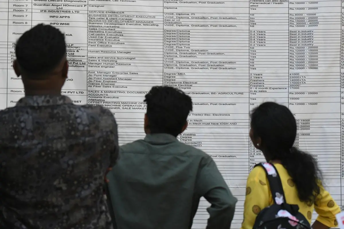 Job seekers in Kochi attend an event organised by the district employment office and the Vocational Higher Secondary Department at SRV Government Vocational Higher Secondary School in 2023.