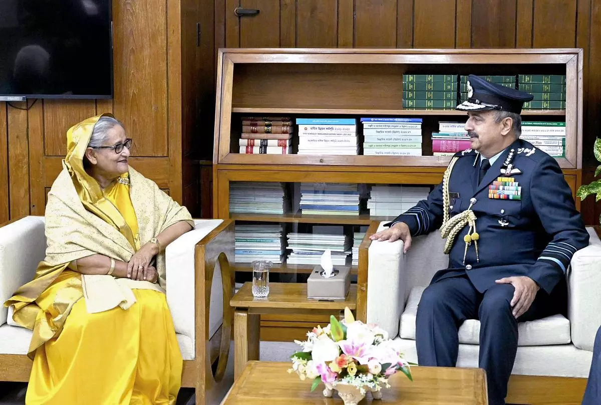 Chief of the Air Staff of India Air Chief Marshal V.R. Chaudhari with Bangladesh Prime Minister Sheikh Hasina, in Dhaka on February 28.