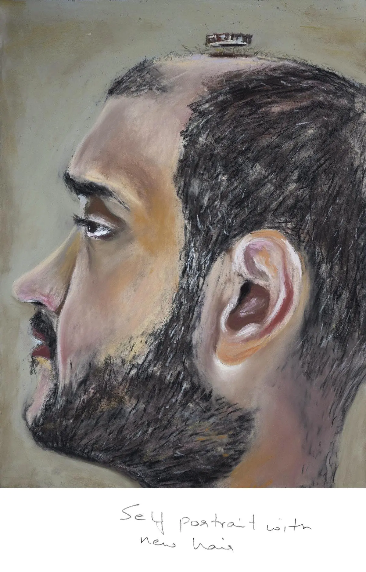 Self-portrait, 2023, soft pastel on paper.