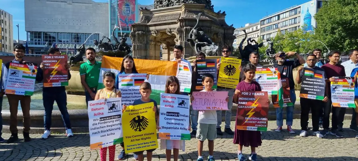 Members of the Indian community holding placards at Mannheim Paradeplatz, Germany, on September 2, 2023, as part of the “Justice for Ariha” campaign.