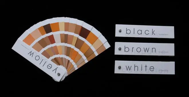 A study of race and how it relates to skin colour. The four skin swatches illustrate skin colour based on race. Each ‘swatch’ is actually a macro photograph of a person in each designated race. When all books are open we find that many colours overlap. A study of race and how it relates to skin colour. The four skin swatches illustrate skin colour based on race. Each ‘swatch’ is actually a macro photograph of a person in each designated race. When all books are open we find that many colours overlap.