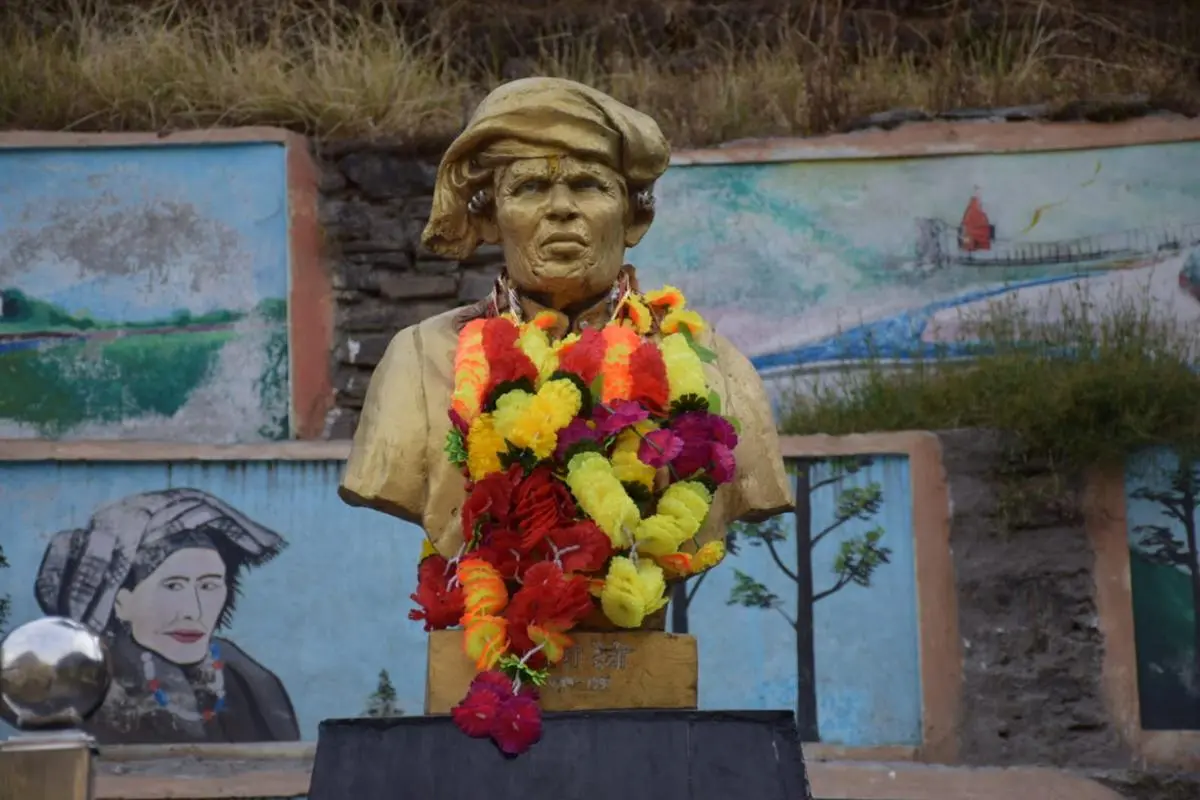 A statue of Gaura Devi, one of the leading figures of the Chipko movement, who hailed from Raini. The statue was moved to a safer place in Joshimath for a short period.