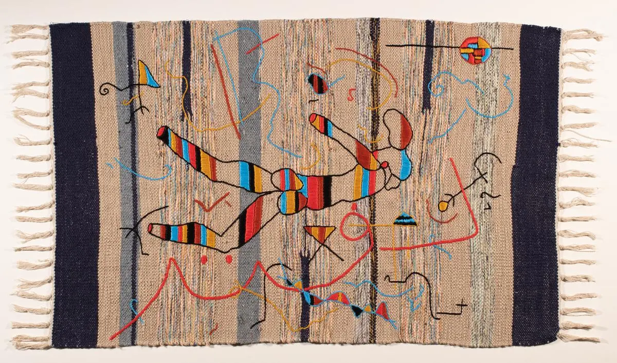 Daphne (after Gieve Patel) by Areez Katki, cotton embroidery on dhurrie rug, 2021. Daphne (after Gieve Patel) by Areez Katki, cotton embroidery on dhurrie rug, 2021.