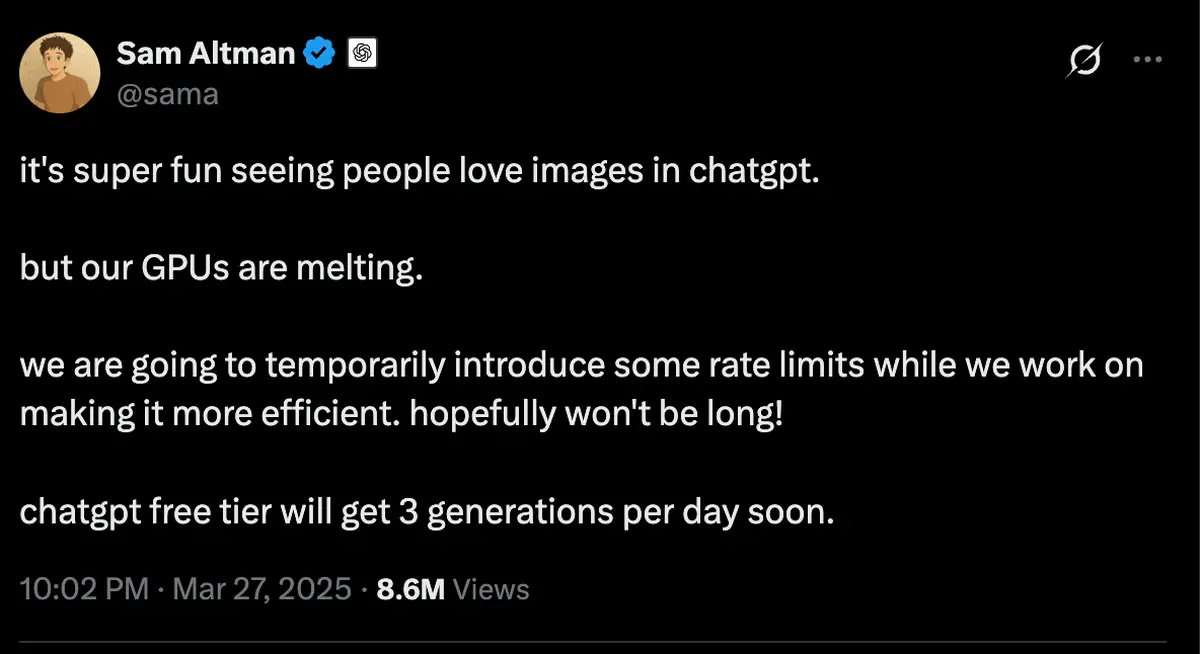 A post by Sam Altman, CEO of OpenAI, on X, announcing temporary rate limits on image generation in ChatGPT due to high demand and GPU strain. A post by Sam Altman, CEO of OpenAI, on X, announcing temporary rate limits on image generation in ChatGPT due to high demand and GPU strain.
